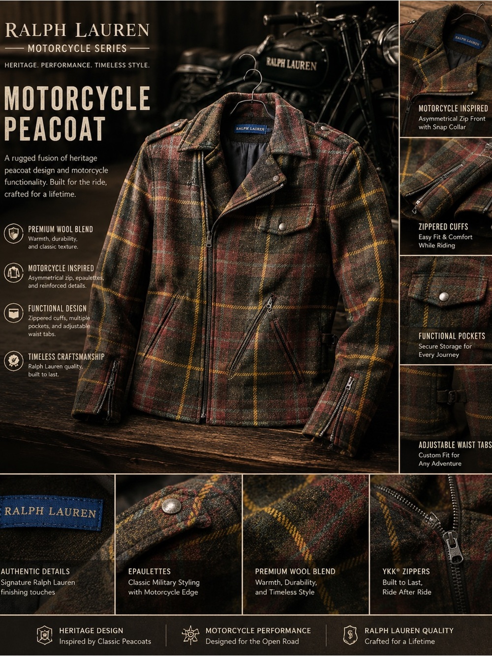 Ralph Lauren Olive, Brown & Yellow Plaid Motorcycle Peacoat